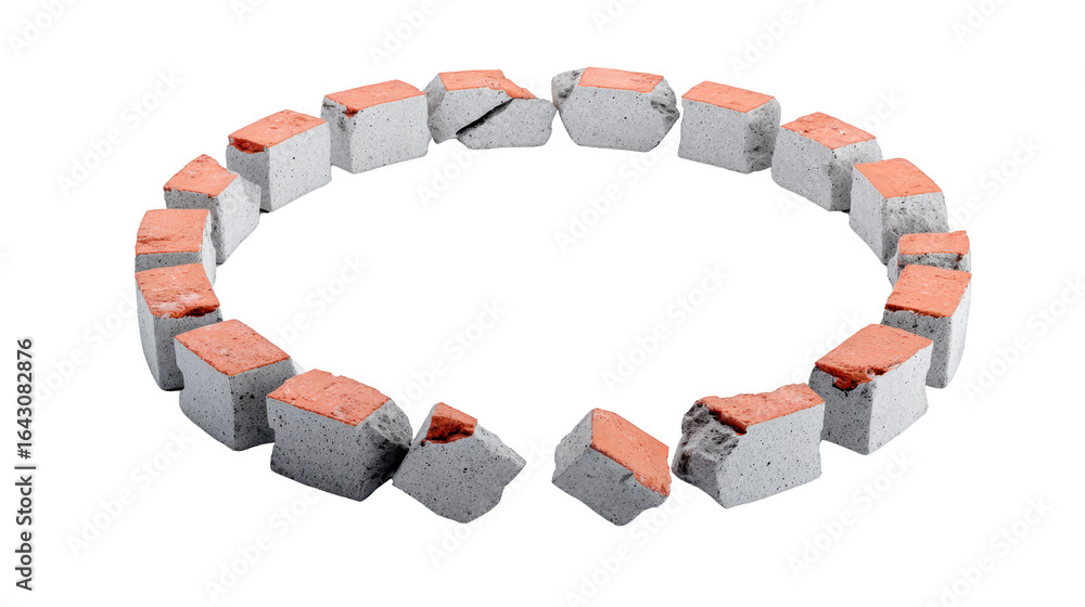 Poster circular arrangement of concrete blocks with red brick accents creates unique and modern design. thi