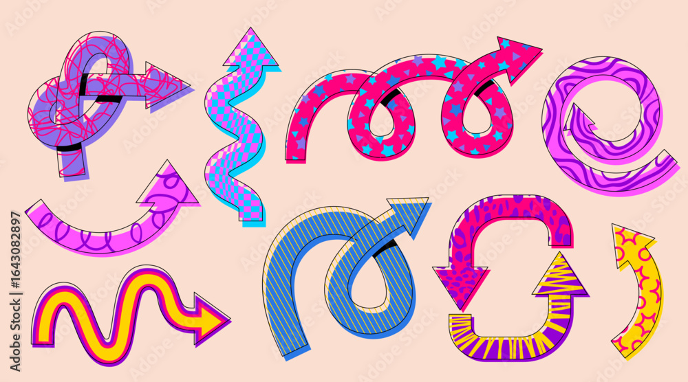 Poster vibrant arrow designs with retro playful patterns and colors for creative projects - curved, zigzag 