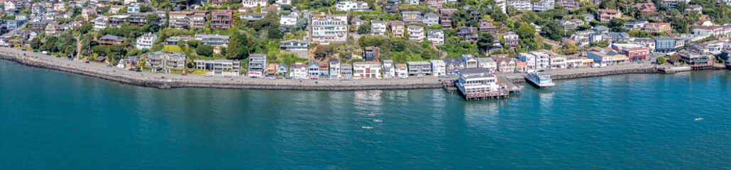 panoramic aerial landscape view of Sausalito coastline with coastal road 