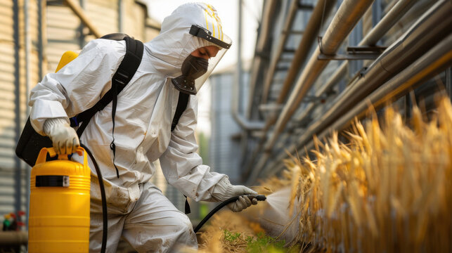 Worker in protective suit spraying disinfectant on industrial pipes and equipment - Powered by Adobe