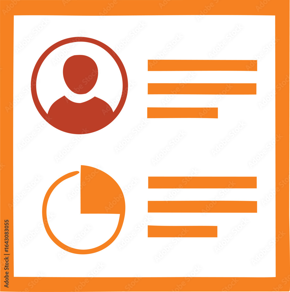 Poster simple orange and white graphic illustrating user profile and data analysis with charts and text pla