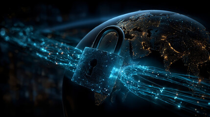 Network security. Hand holding network security globe with network connecting data. Integration of digital technology, protection against cyber threats ensuring safe data transfer and communication.