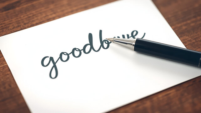 A pen is on a piece of paper with the word goodbye written in cursive