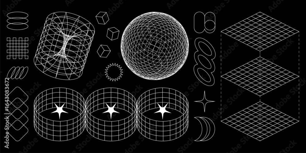Poster wireframe geometric shapes in cyber aesthetics with retro grid patterns - sphere, cylinders and cube