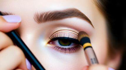 A close-up view of eye makeup application highlights the intricate process of beautifying the eyes, showcasing skillful artistry and the pursuit of beauty.
