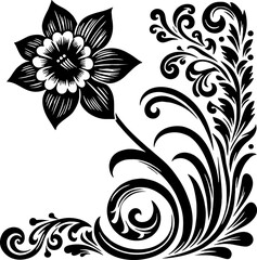 Daffodil Flower Solid Black Vector Silhouette in Traditional Mexican Folk Style