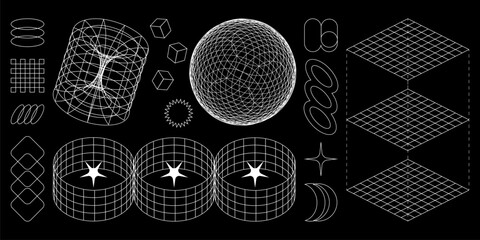 Wireframe geometric shapes in cyber aesthetics with retro grid patterns - sphere, cylinders and cubes for digital interfaces. Wire forms with stars, rings and wave elements for futuristic tech design