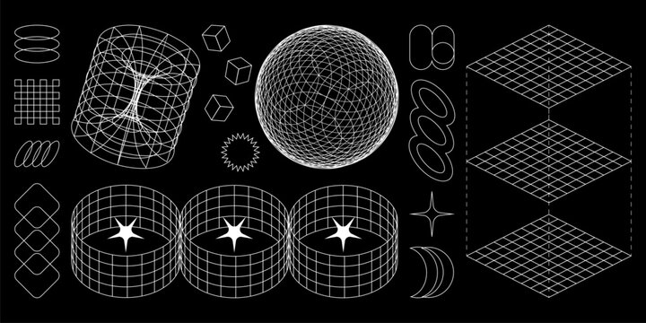 Wireframe geometric shapes in cyber aesthetics with retro grid patterns - sphere, cylinders and cubes for digital interfaces. Wire forms with stars, rings and wave elements for futuristic tech design