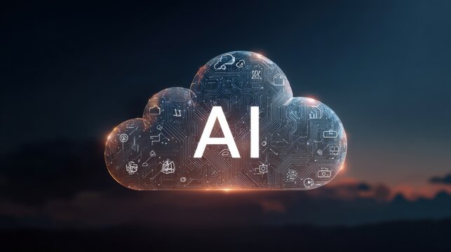 Cloud Icon with Digital Technology Elements and AI Text Highlight - Powered by Adobe