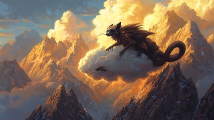 Aye aye riding a serpent shaped cloud over the peaks of a glowing mountain range commanding the winds with subtle gestures
