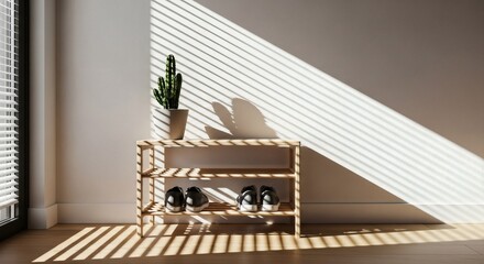 Sunlit minimalist interior with a wooden shoe rack, where light from blinds casts dramatic diagonal shadows on a white wall.