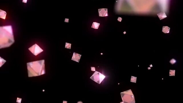 Animation pink gem falling on black background.