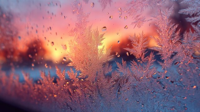 Intricate frost patterns on a windowpane, backlit by a vibrant sunset