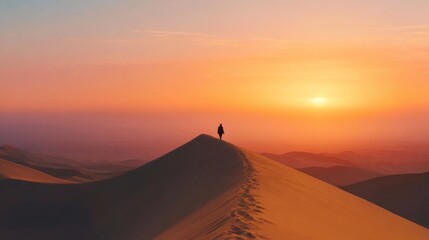 Solitary figure walking on a desert sand dune ridge at vibrant sunset or sunrise