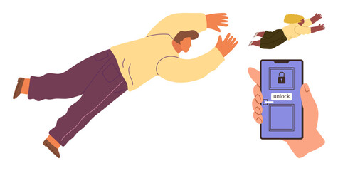 Man and woman floating mid-air, escaping as hand unlocks phone screen lock. Ideal for freedom, liberation, security, technology, opportunities, remote work imagination. A simple flat metaphor