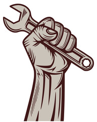 Naklejka premium Raised Fist with Wrench Vector Illustration – Labor, Protest, and Workers’ Rights Symbol
