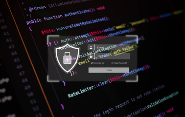 Secure login interface over programming code background, symbolizing cybersecurity, data protection, and encrypted authentication for safe online access in modern web applications.