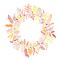 Circular frame of autumn leaves, isolated on a white background, vector illustration