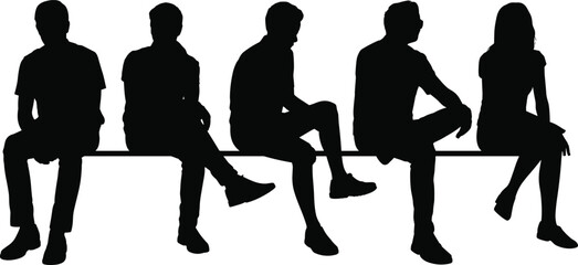 Silhouette group of people sitting on bench, men and women together, black outline vector illustration, teamwork, social gathering, friendship, waiting scene