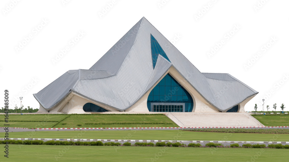 Poster modern architectural structure features unique angular design with prominent triangular roof. buildi