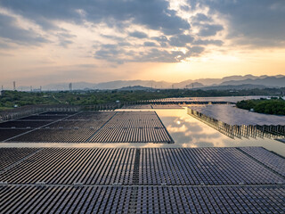 aerial view solar power station on water