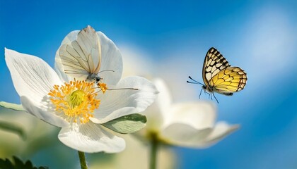 Detail with shallow focus of white anemone flower with yellow stamens and butterfly in natur