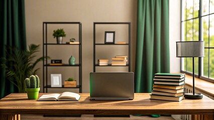 Fototapeta premium Home office with wooden desk, laptop, books, and green curtains by a large window 