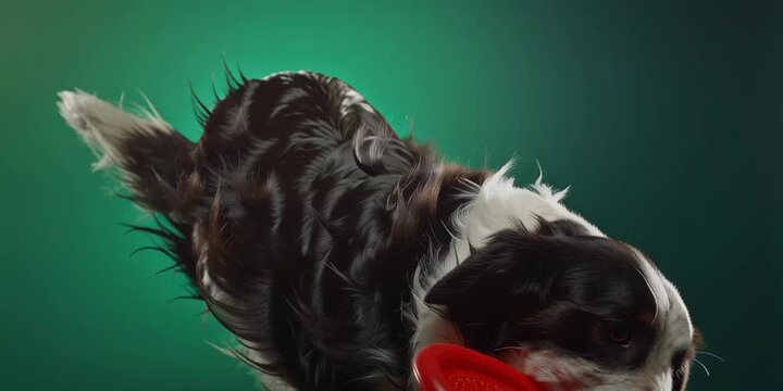 Border collie catching frisbee on green  background