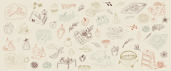 Autumn food whimsical clipart hand drawn crayon texture. Food autumn with pumpkin, leaf and cake. Cute sketch crayon hand drawn chalk simple line
