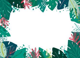 Vibrant Hand-Drawn Tropical Frame with Lush Green and Pink Leaf Accents.