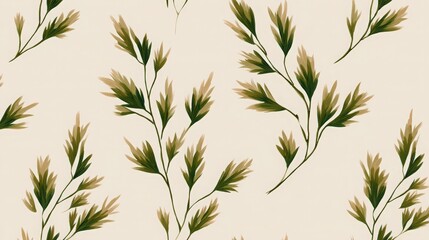 Fototapeta premium Elegant botanical pattern featuring intricate green leaves on a soft beige background.