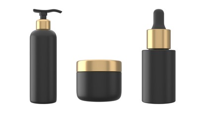 Obraz premium Luxury Black and Gold Cosmetic Bottle and Jar Set Mockup white background. 