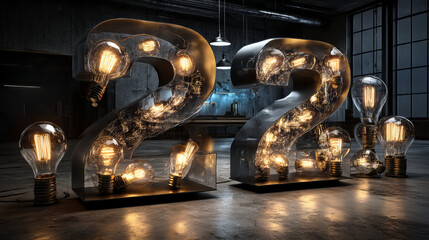 Number 2, Alphabet  made of light bulb. 3D illustration