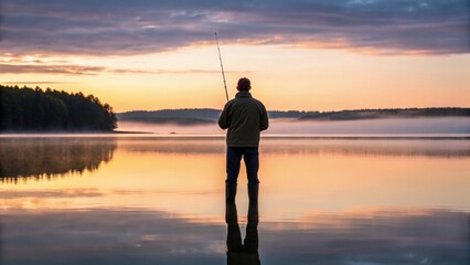 A lone fisherman stands in tranquil waters at sunrise, reflecting a serene sky and surrounded by nature's beauty.