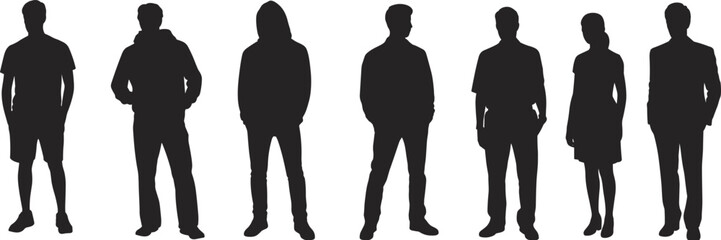 Silhouette of standing people, men and women, casual and formal clothing, black outline, vector illustration, fashion, crowd, human figures, design element