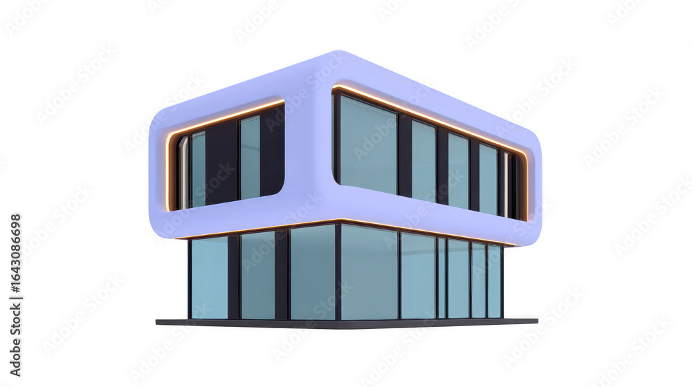Poster modern architectural design features sleek, futuristic building with unique shape and vibrant lighti