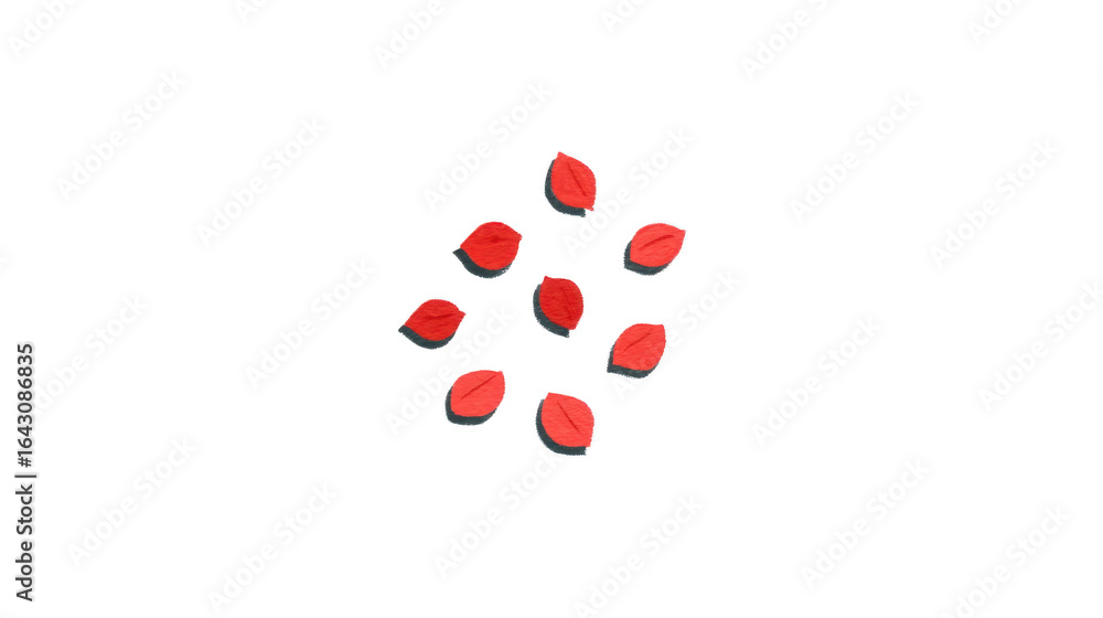 Poster red leaf shaped decorations arranged in scattered pattern on transparency background, creating vibra
