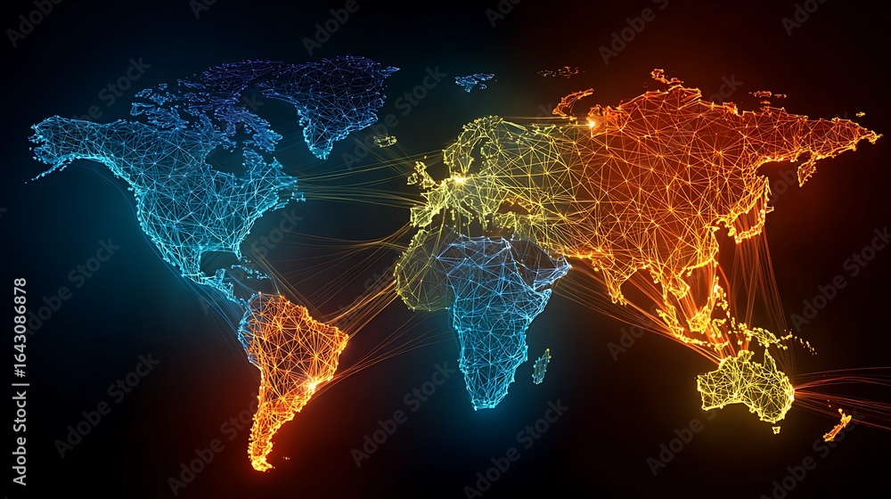 Poster glowing world map network with connected continents