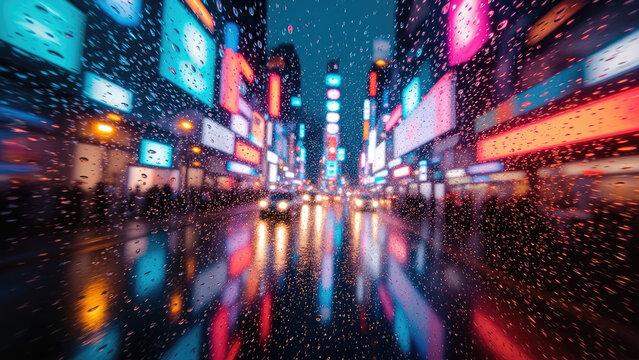 Rainy city street scene with colorful neon signs and reflections through raindrops on glass at night with blurred motion - Powered by Adobe