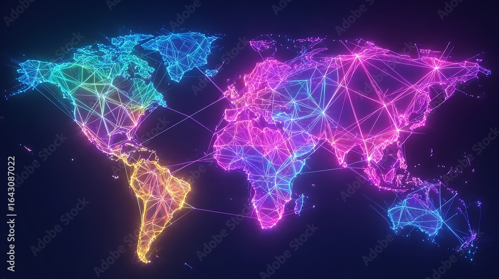 Poster colorful world map network connection with glowing lines