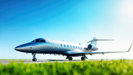 Shiny silver private jet parked on a runway with green grass in the foreground against a clear blue sky during daytime