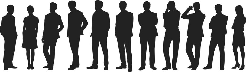 Silhouette of business people standing, men and women group, formal attire, black outline, team concept, corporate workforce, professional staff illustration