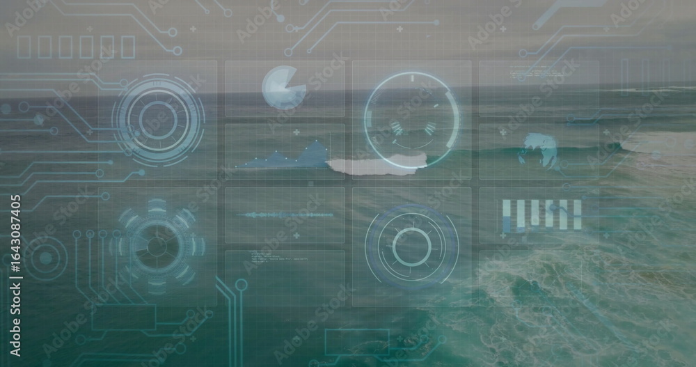 Poster displaying holographic interface panels floating above open sea, with data charts and circuits