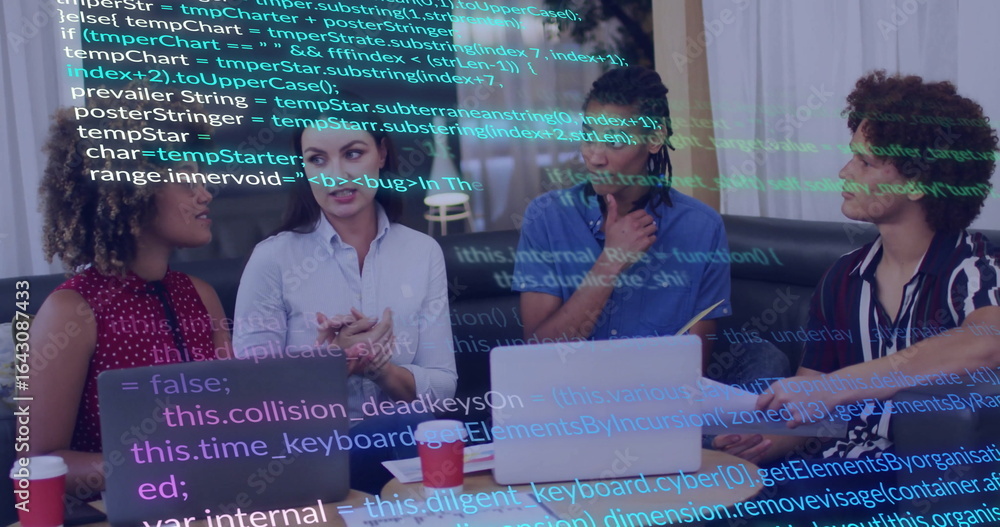 Poster discussing software developers gesturing, listening in office with laptops and code overlay