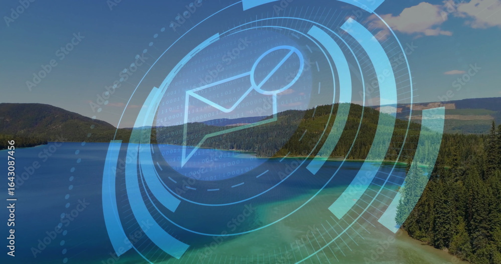 Poster displaying blue envelope icon with circular graphics, arcs at forest lakeshore, binary code overlay