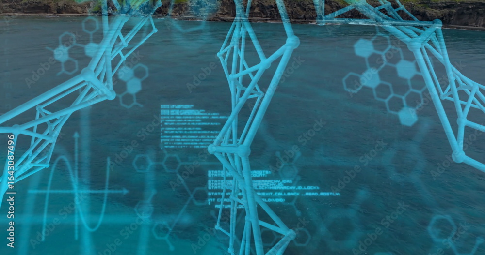 Poster displaying neon 3d network floating above rocky ocean coast, with data visualization overlays