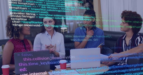 Discussing software developers gesturing, listening in office with laptops and code overlay