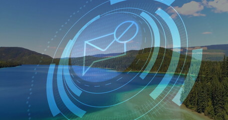 Displaying blue envelope icon with circular graphics, arcs at forest lakeshore, binary code overlay