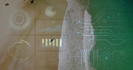 Showing shoreline merging with digital grid overlays at beach, with HUD pie chart, circuit graphics