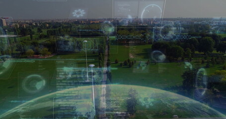 Floating translucent HUD panels overlaying park with lampposts, walkways, lawns, buildings, code